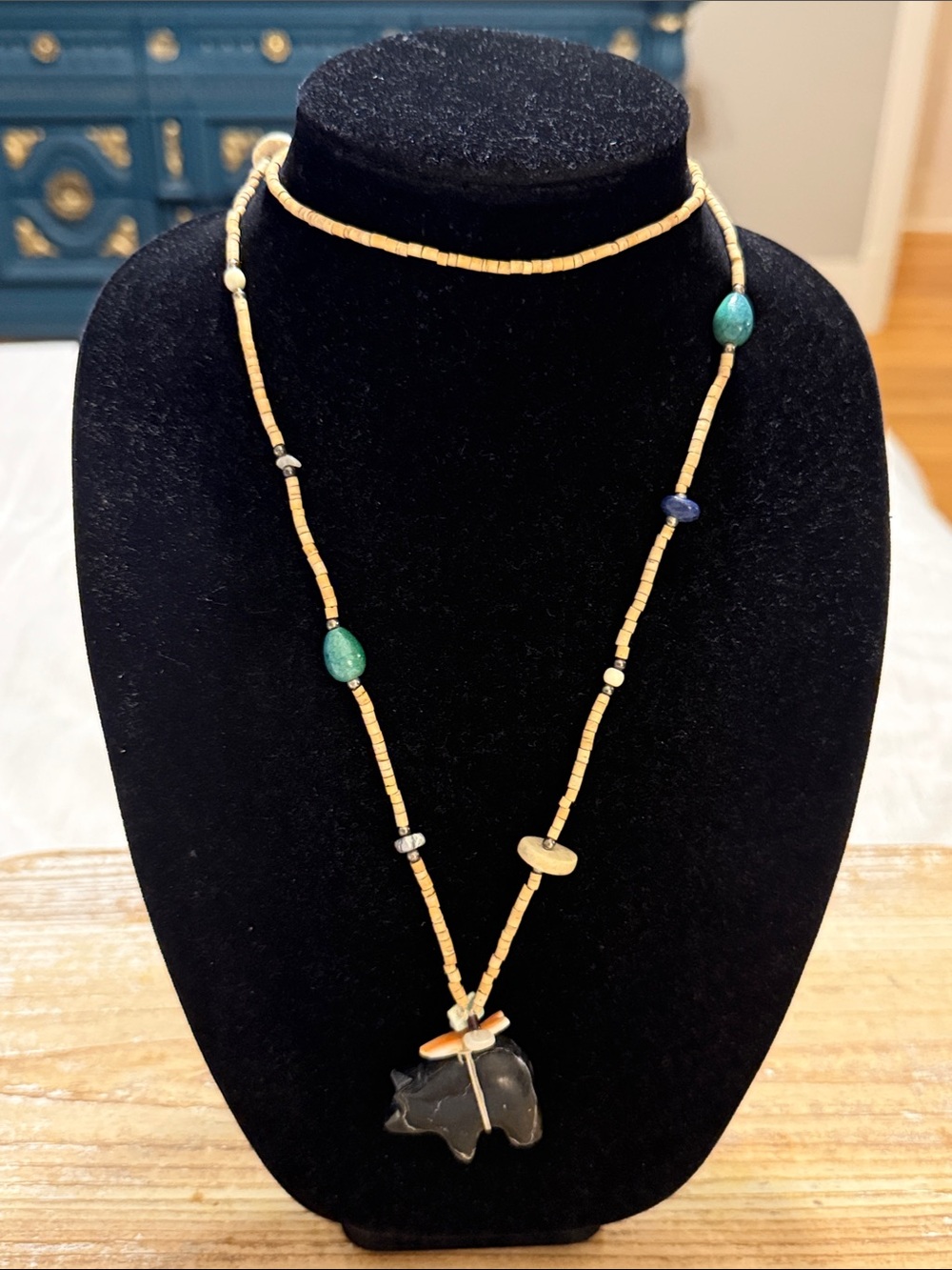 Vintage Bobo Tan Beaded Black Bear Long Lanyard Pendant Necklace